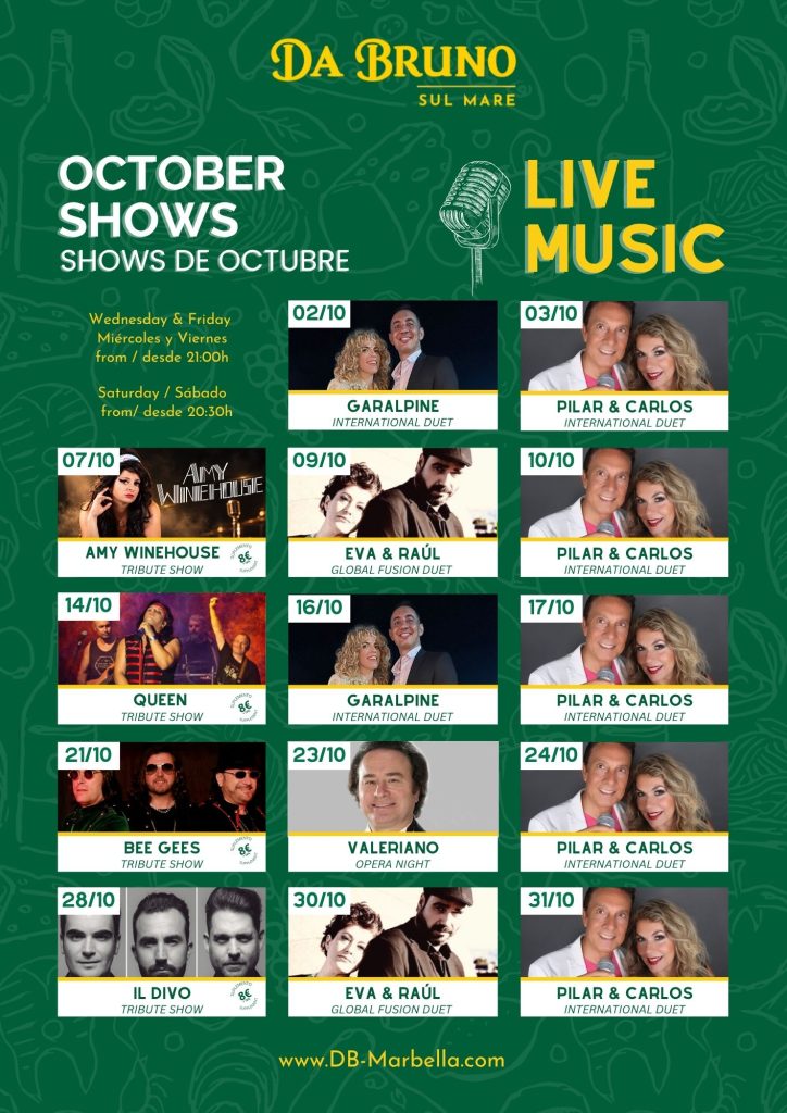 Cartel de eventos y música en vivo de octubre 2026 en Da Bruno Sul Mare Marbella, con tributos a Amy Winehouse, Queen, Bee Gees e Il Divo y actuaciones en directo.