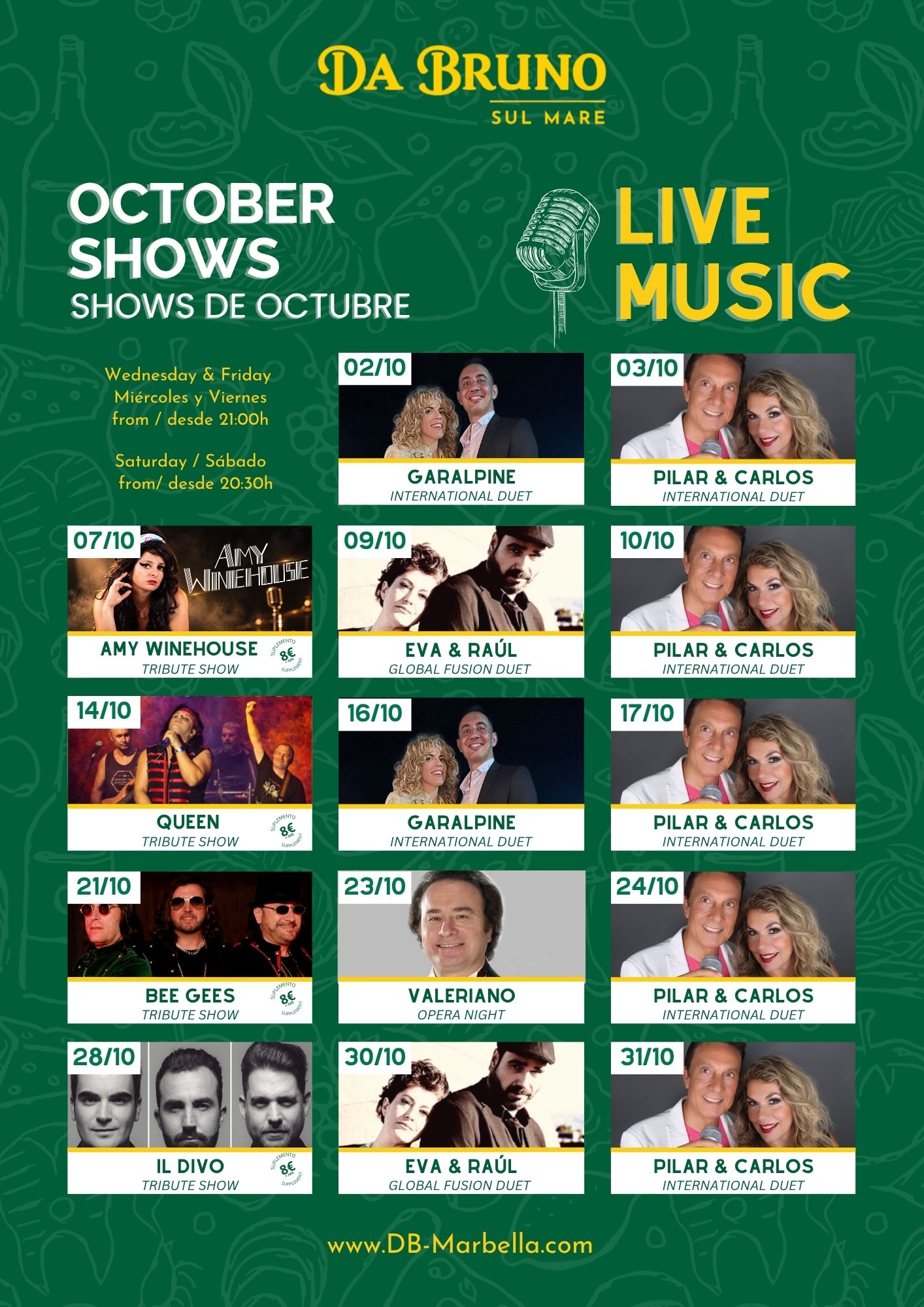 Cartel de eventos y música en vivo de octubre 2026 en Da Bruno Sul Mare Marbella, con tributos a Amy Winehouse, Queen, Bee Gees e Il Divo y actuaciones en directo.